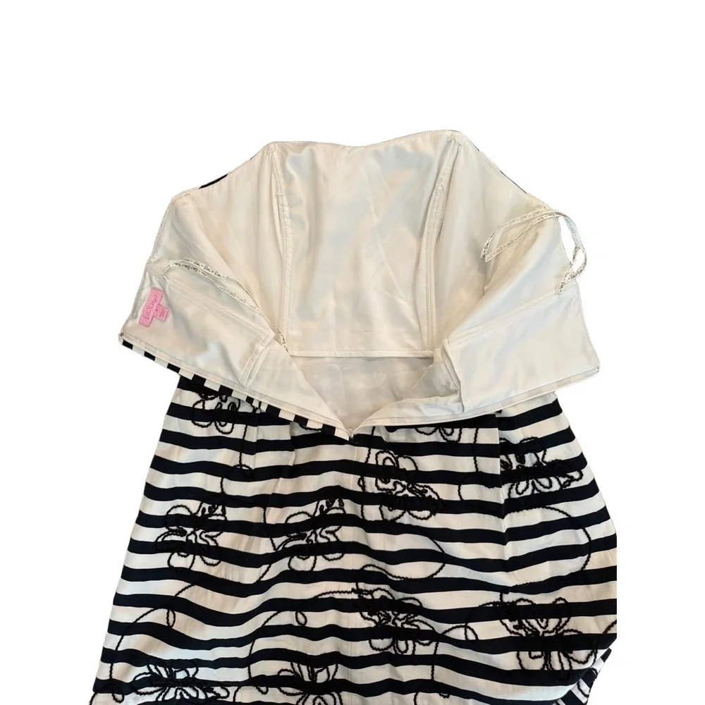 Lilly Pulitzer Black White Striped Strapless Embroidered Flower Dress size 8 - Picture 5 of 9